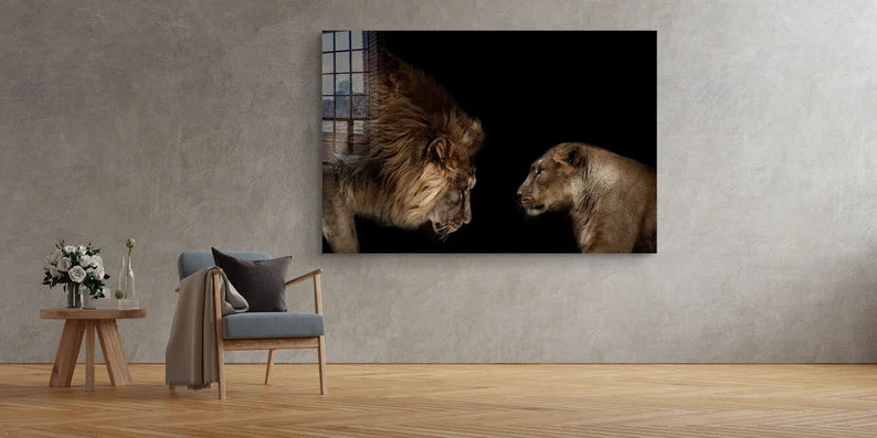 Lion & Lioness Large Glass Wall Art