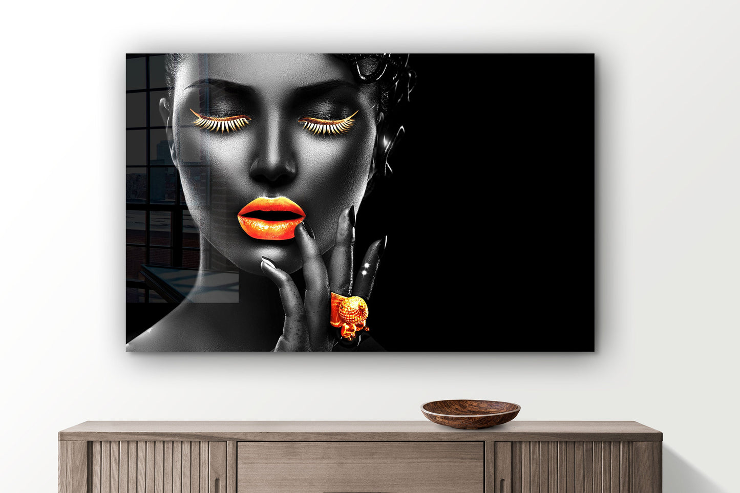 Black Make-Up Woman, Orange Lips, Fashion Icon, Large Glass Wall Art