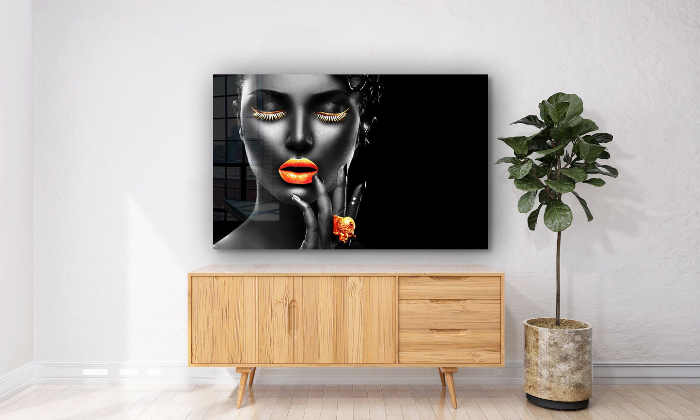Black Make-Up Woman, Orange Lips, Fashion Icon, Large Glass Wall Art