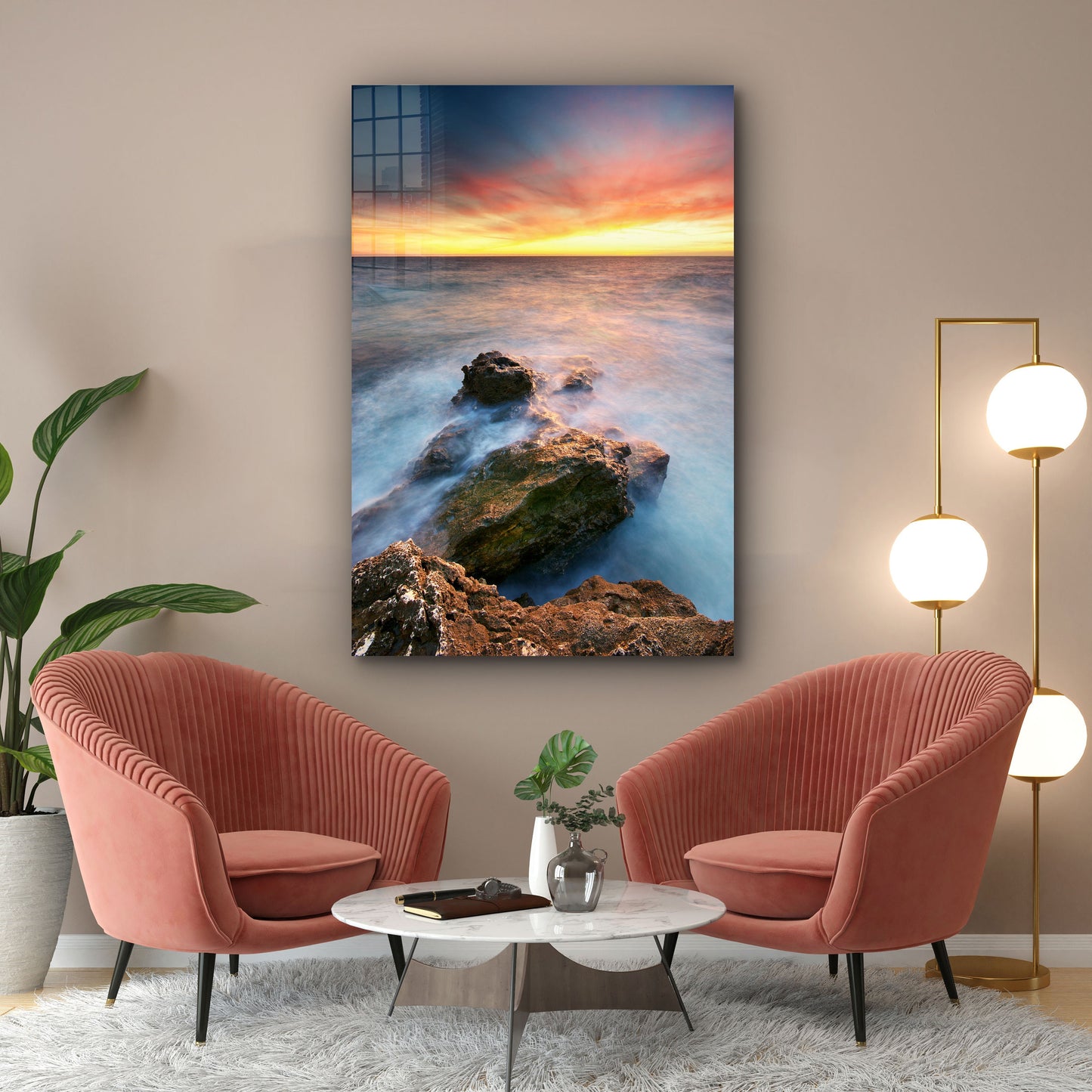 Ocean Sunset, Rocky Beach, Cloudy Landscape, Large Glass Wall Art