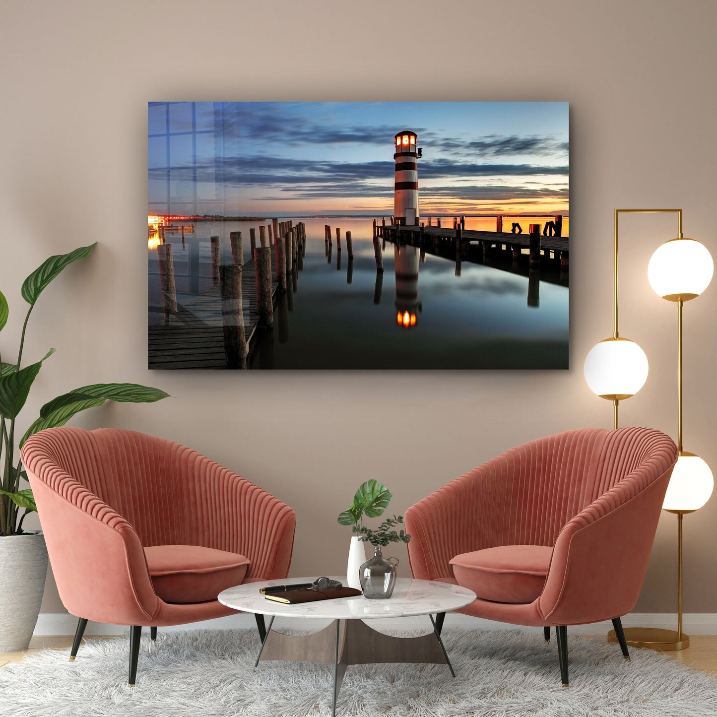 Lighthouse Sunset, Large Glass Wall Art