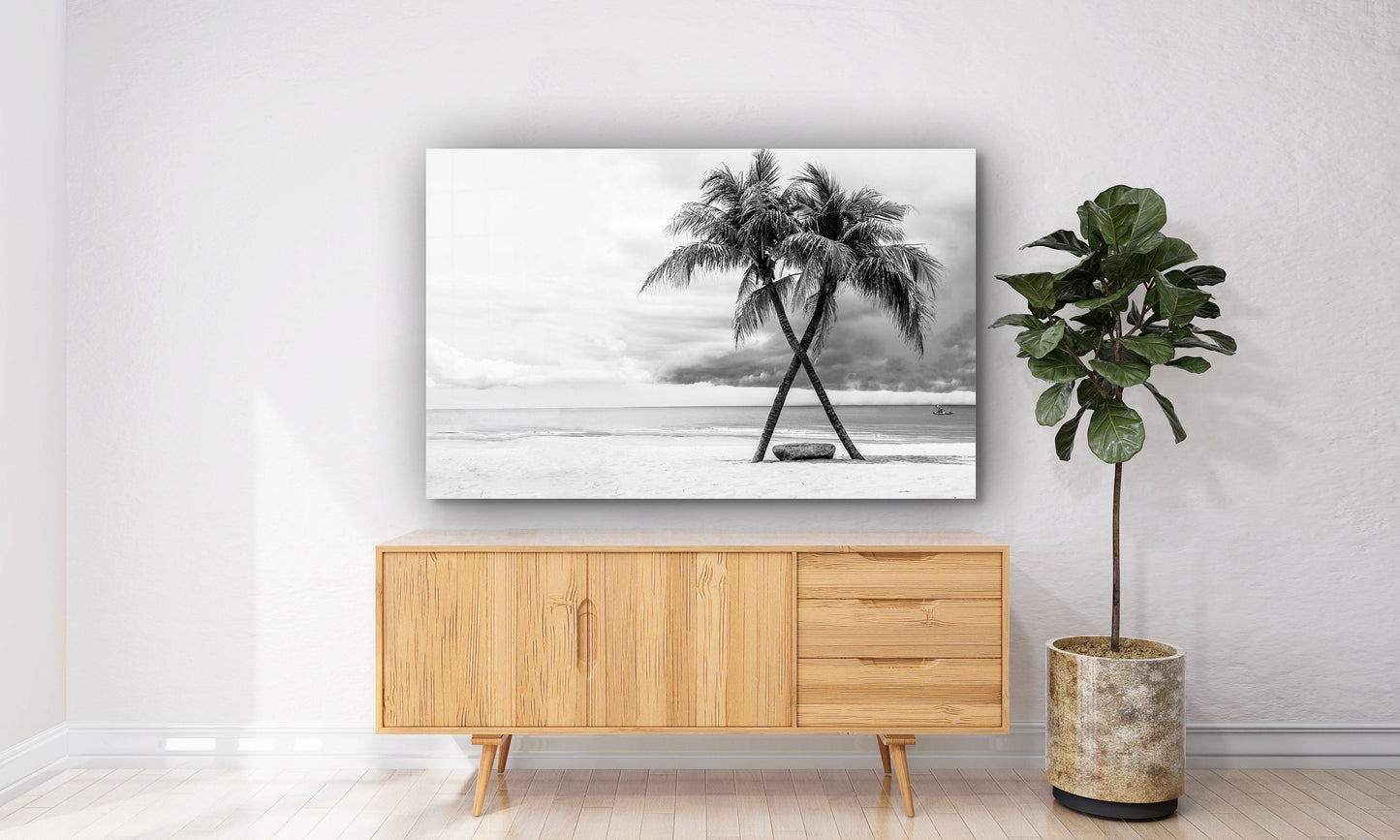 Tropical Beach, Black and White Scenery, Large Glass Wall Art