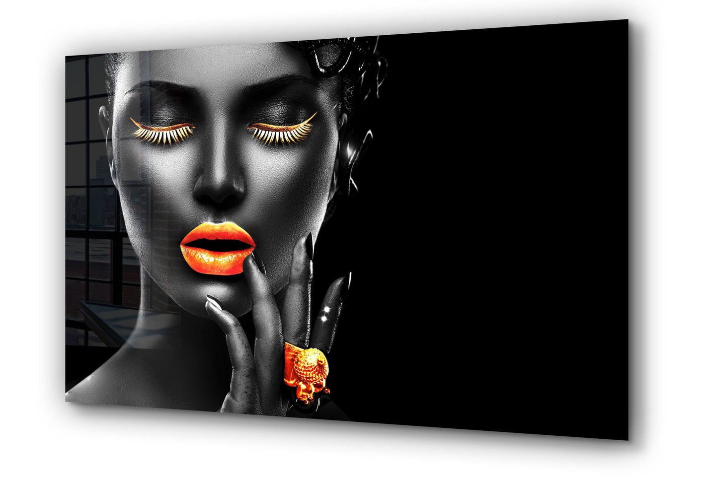Black Make-Up Woman, Orange Lips, Fashion Icon, Large Glass Wall Art