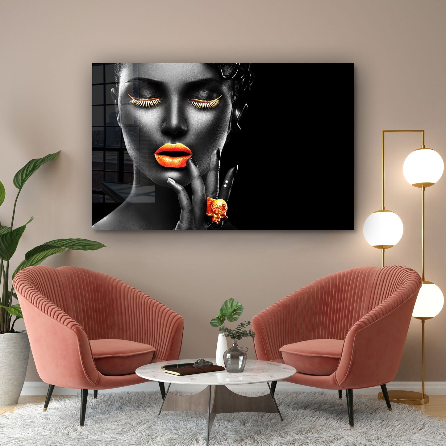 Black Make-Up Woman, Orange Lips, Fashion Icon, Large Glass Wall Art