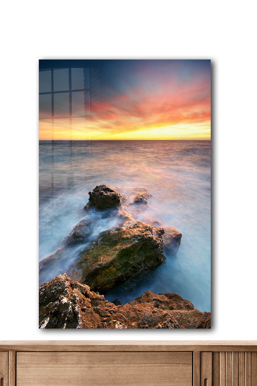 Ocean Sunset, Rocky Beach, Cloudy Landscape, Large Glass Wall Art
