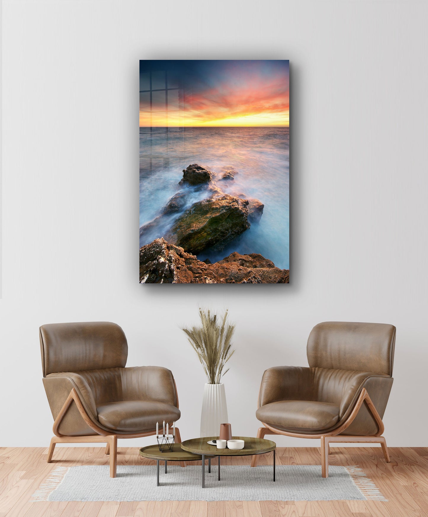 Ocean Sunset, Rocky Beach, Cloudy Landscape, Large Glass Wall Art