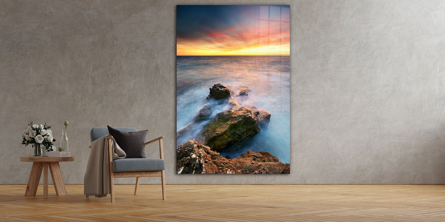 Ocean Sunset, Rocky Beach, Cloudy Landscape, Large Glass Wall Art