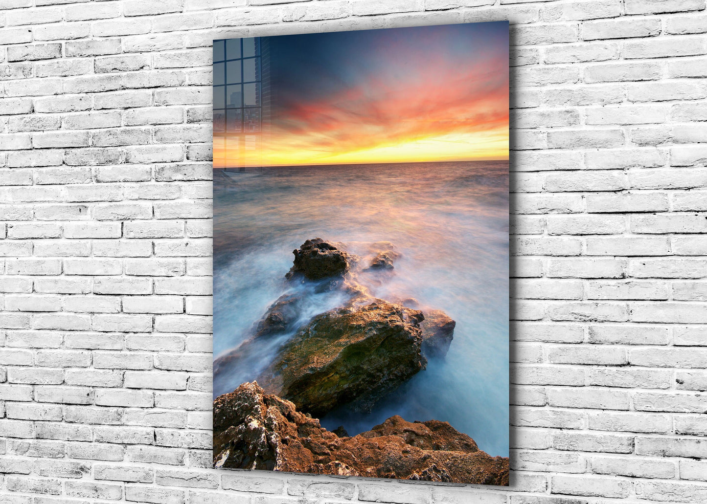 Ocean Sunset, Rocky Beach, Cloudy Landscape, Large Glass Wall Art