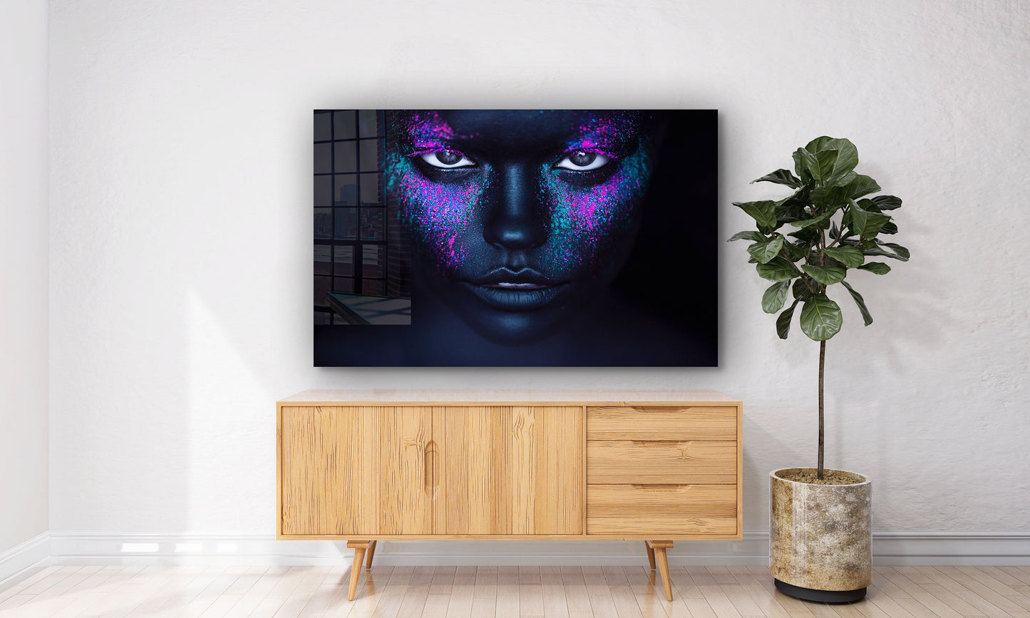 Neon Make-up Woman, Large Glass Wall Art