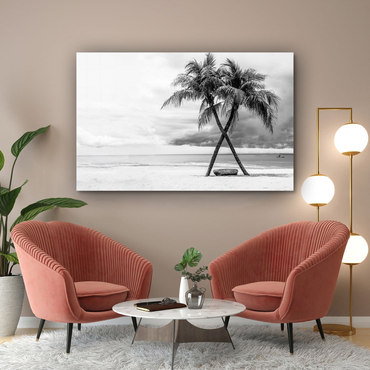 Tropical Beach, Black and White Scenery, Large Glass Wall Art