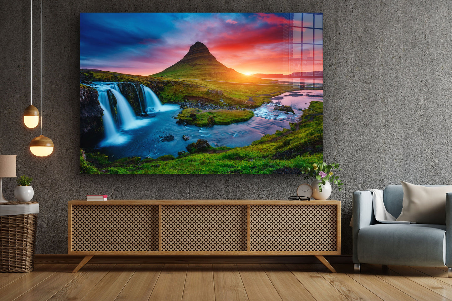 Kirkjufell Volcano, Snaefellsnes Waterfalls, Large Glass Wall Art
