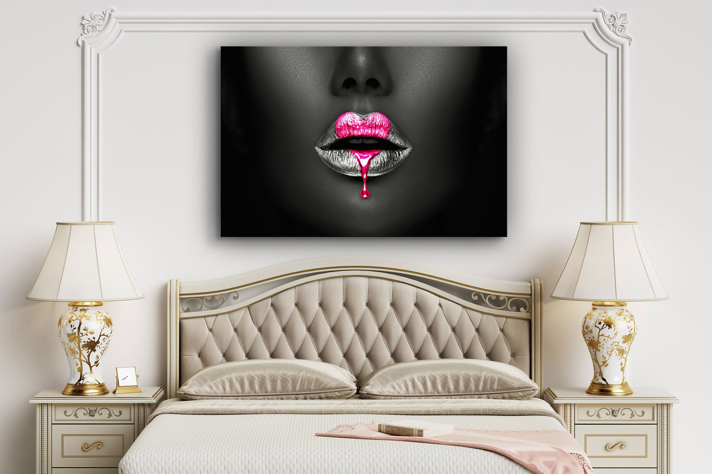 Pink Lips, Heart Figure, Large Glass Wall Art