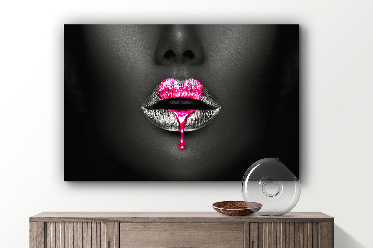 Pink Lips, Heart Figure, Large Glass Wall Art
