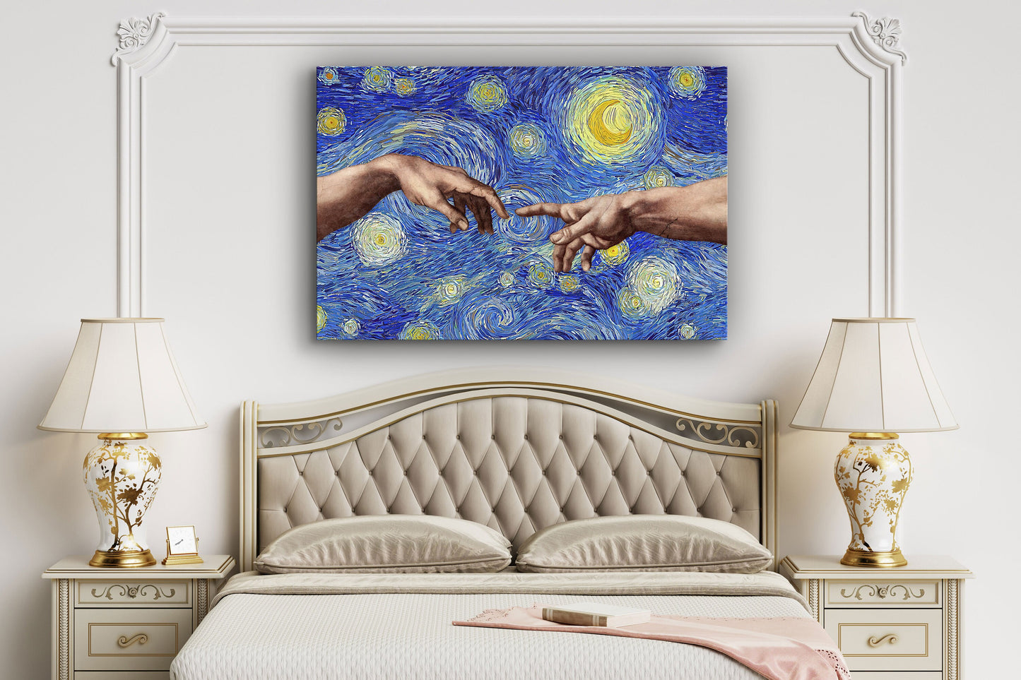 Creation of Adam / Starry Night Mixup, Digital Illustration, Large Glass Wall Art