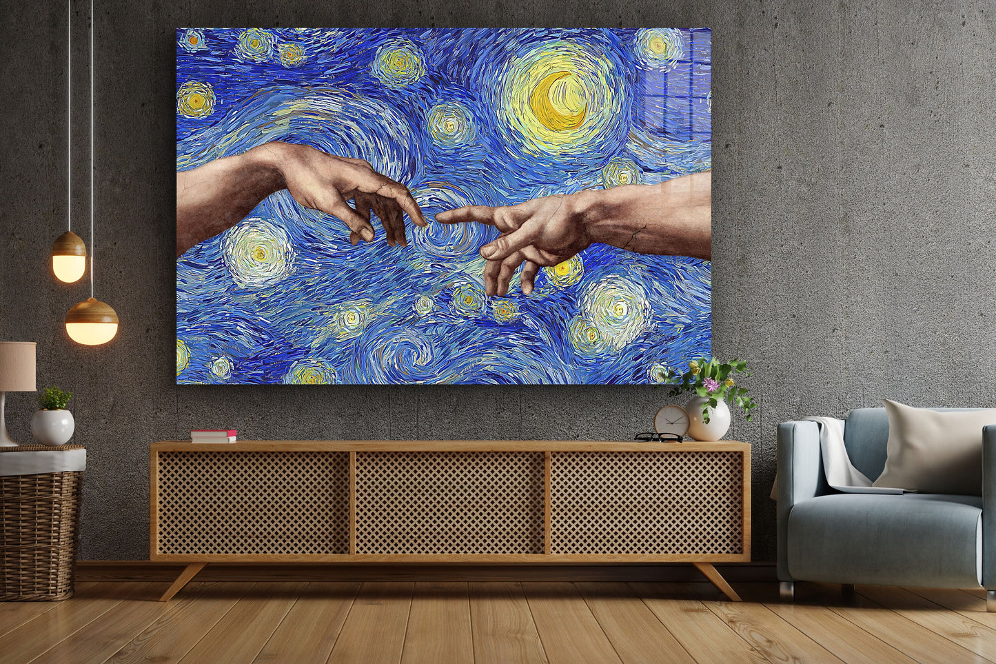 Creation of Adam / Starry Night Mixup, Digital Illustration, Large Glass Wall Art