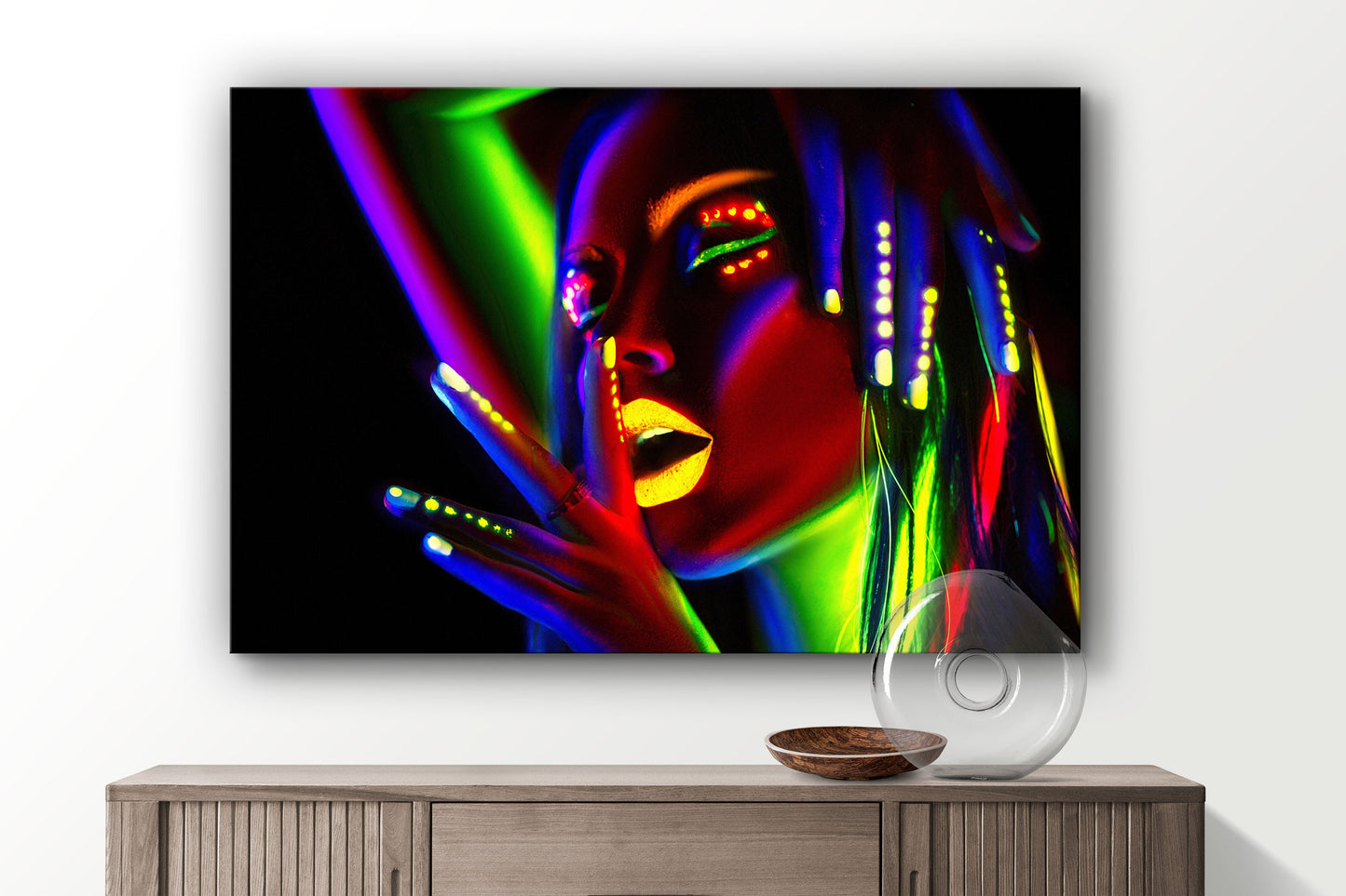 Neon Make-Up Woman, Large Glass Wall Art