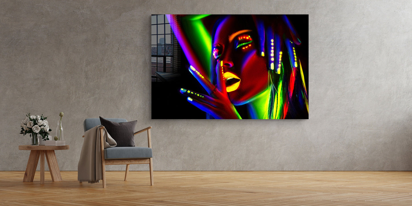 Neon Make-Up Woman, Large Glass Wall Art