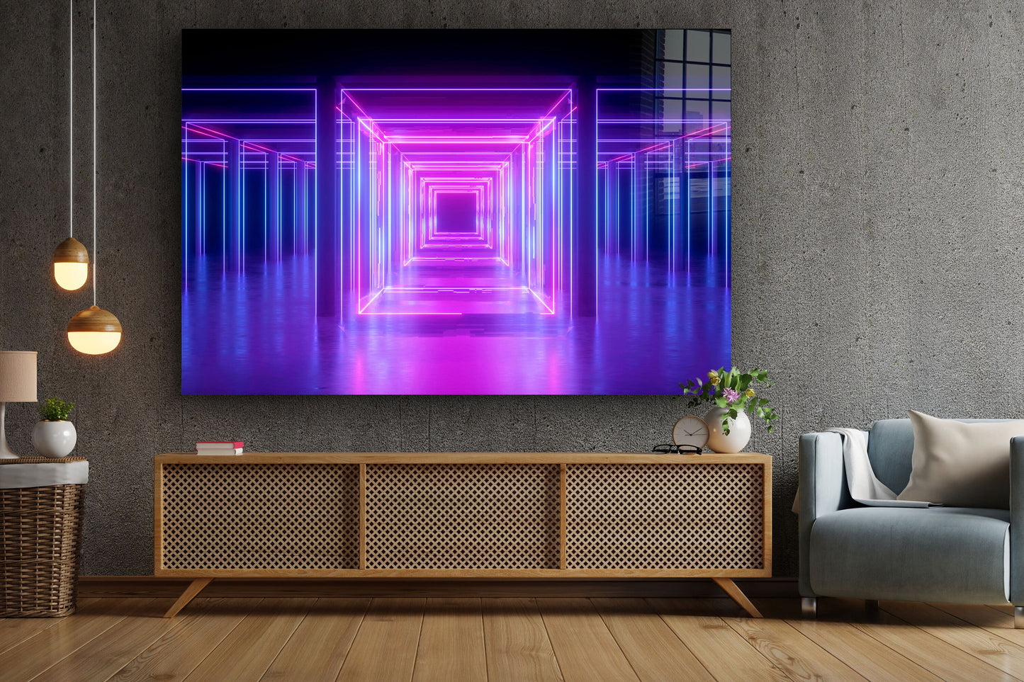Neon Corridor Abstract, Large Glass Wall Art