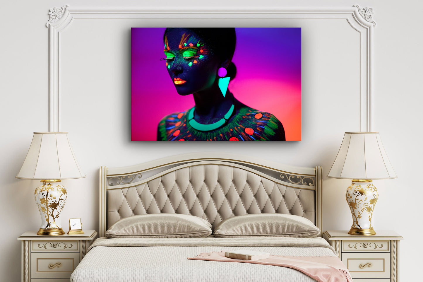 Neon Make-Up Black Woman, Large Glass Wall Art