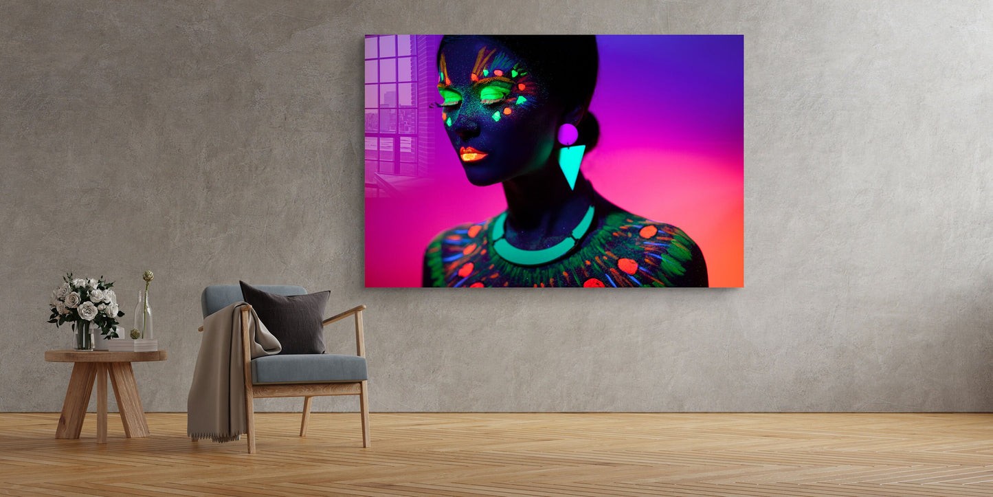 Neon Make-Up Black Woman, Large Glass Wall Art
