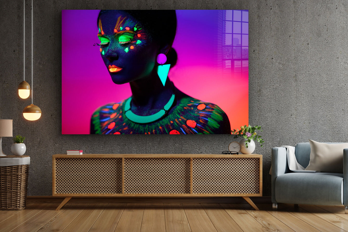 Neon Make-Up Black Woman, Large Glass Wall Art