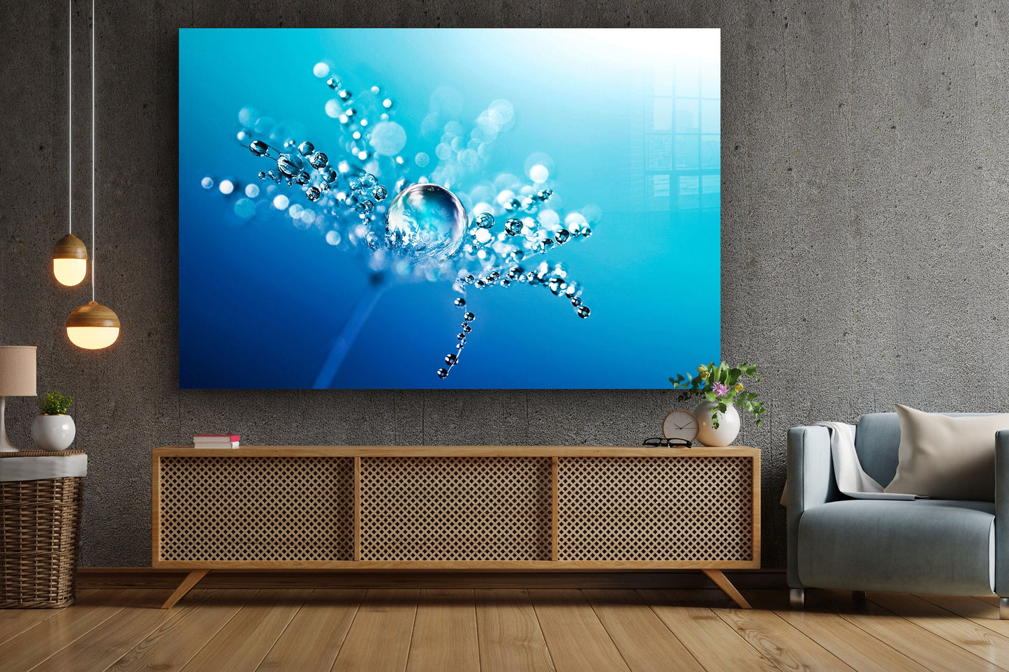 Water Splash on Dandelion,, Large Glass Wall Art