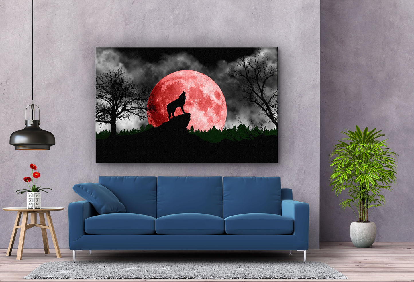 Wolf Howling, Red Moon, Large Glass Wall Art