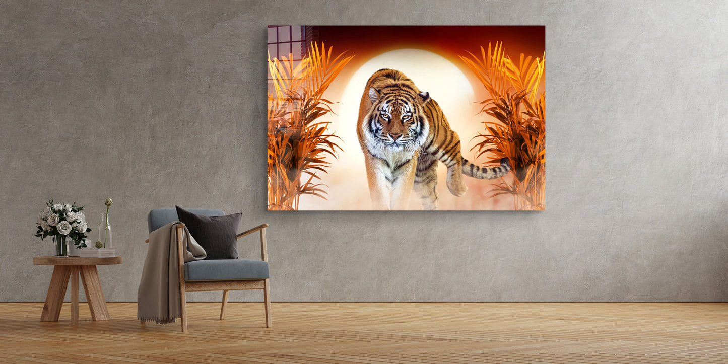 Tiger, Sunset, Large Glass Wall Art