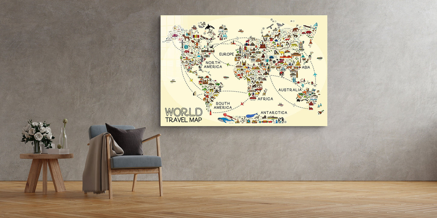 World Travel Map, Large Glass Wall Art