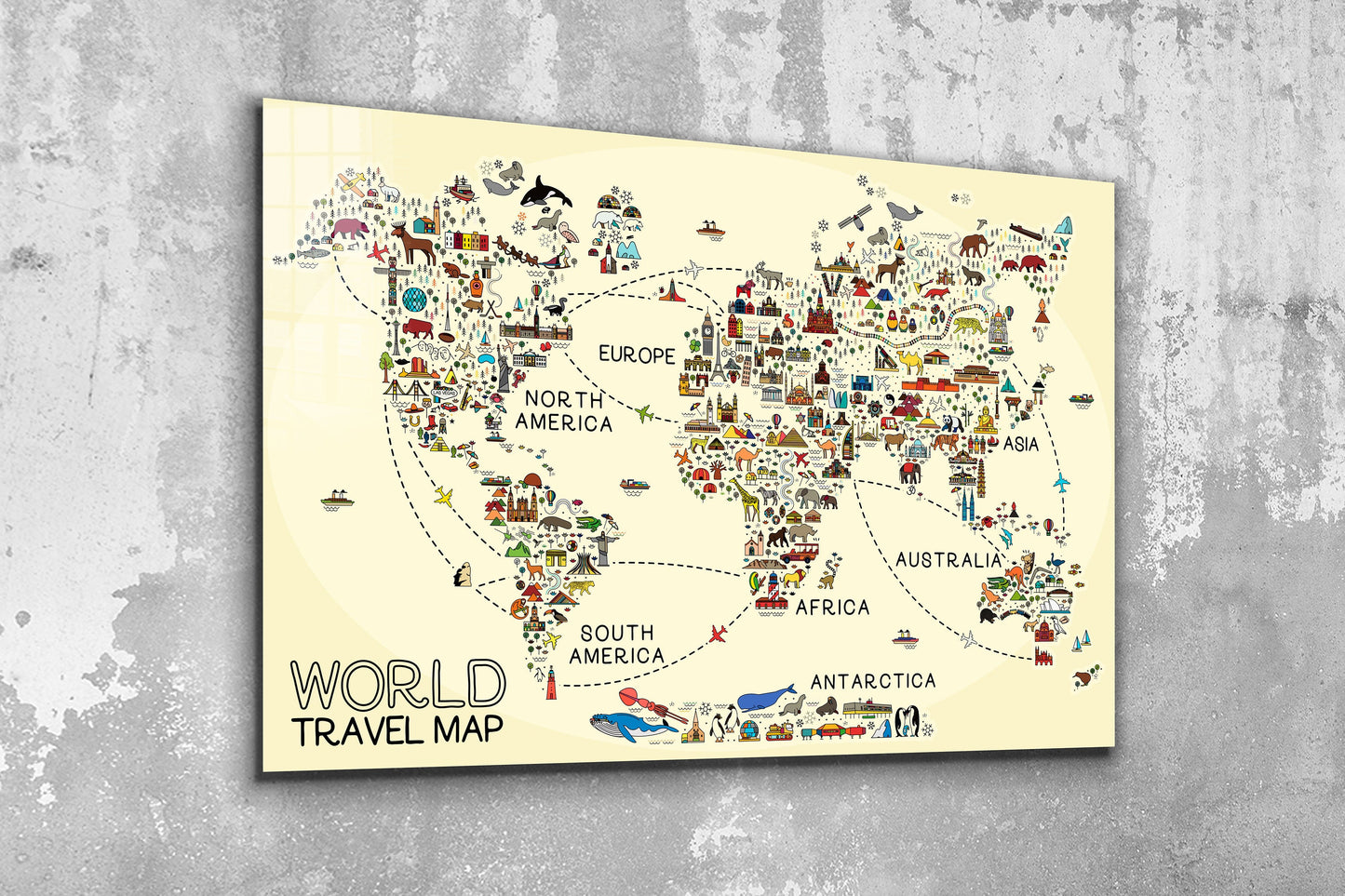 World Travel Map, Large Glass Wall Art