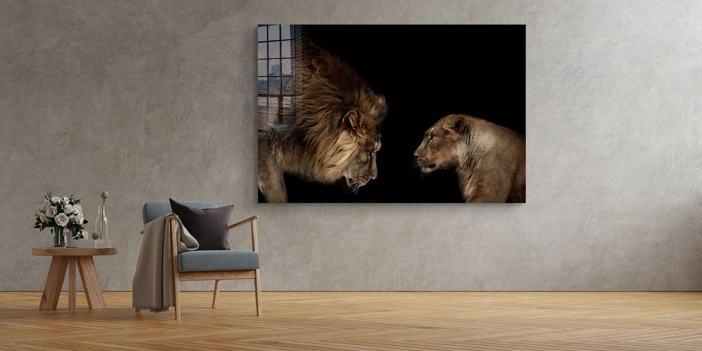 Lion & Lioness, Large Glass Wall Art