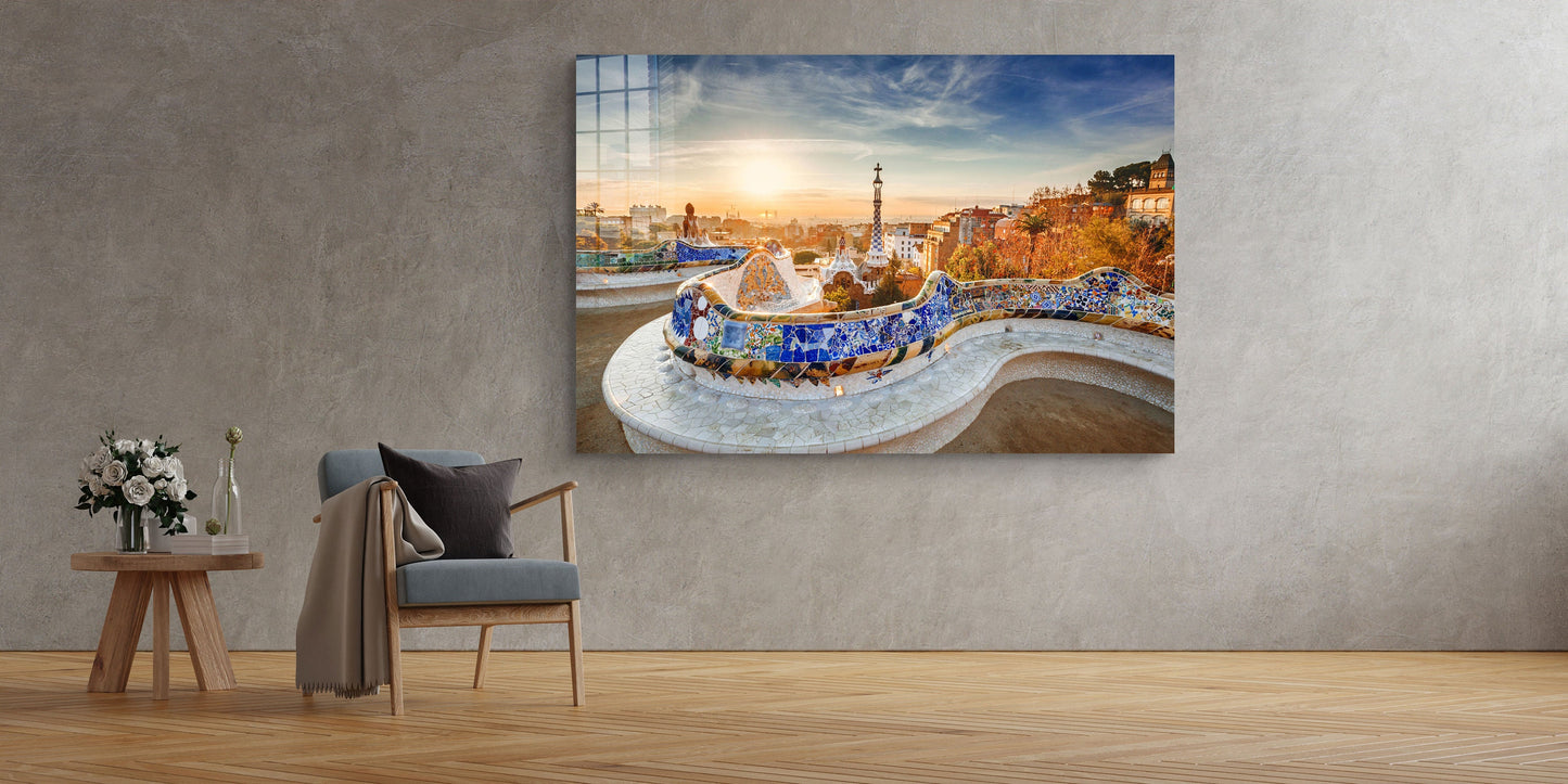 Park Guell at Sunrise, Barcelona, Spain Large Glass Wall Art