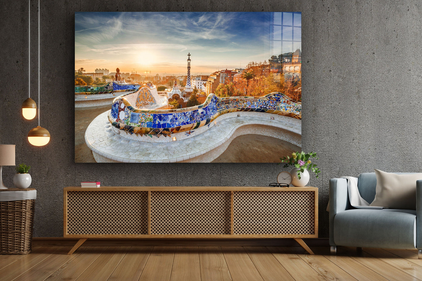 Park Guell at Sunrise, Barcelona, Spain Large Glass Wall Art
