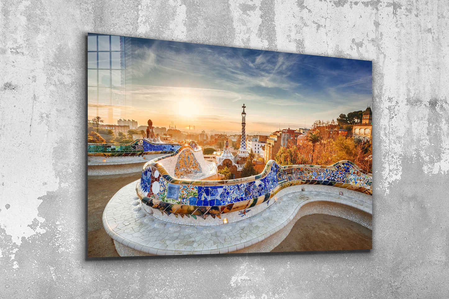 Park Guell at Sunrise, Barcelona, Spain Large Glass Wall Art