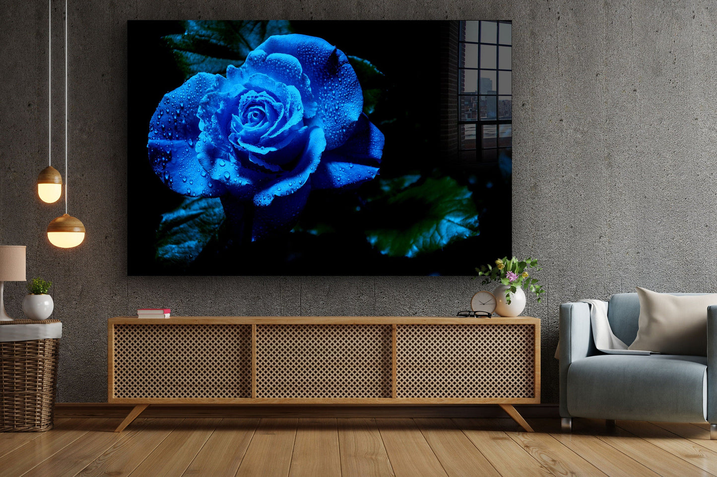 Abstract Blue Flower, Large Glass Wall Art