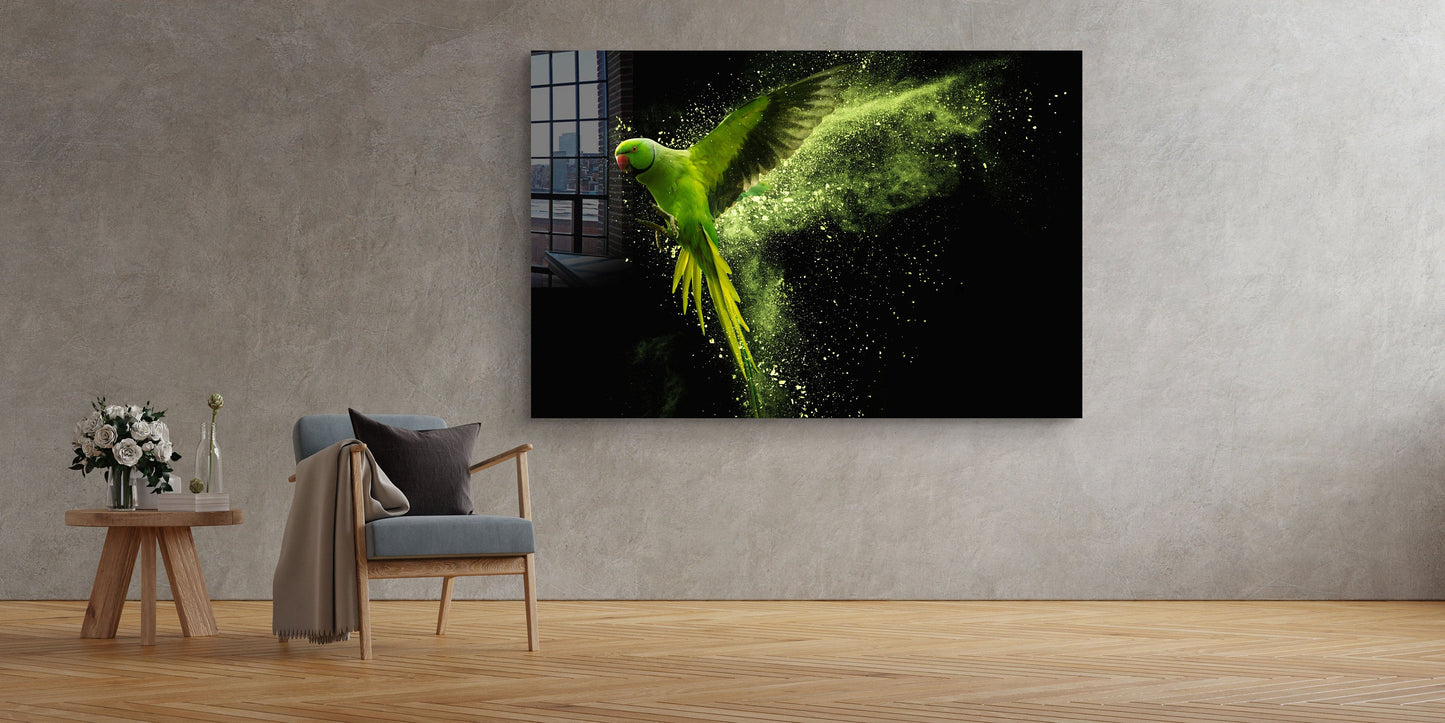 Green Parrot, Large Glass Wall Art