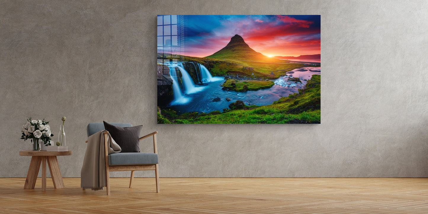 Kirkjufell Volcano, Snaefellsnes Waterfalls, Large Glass Wall Art