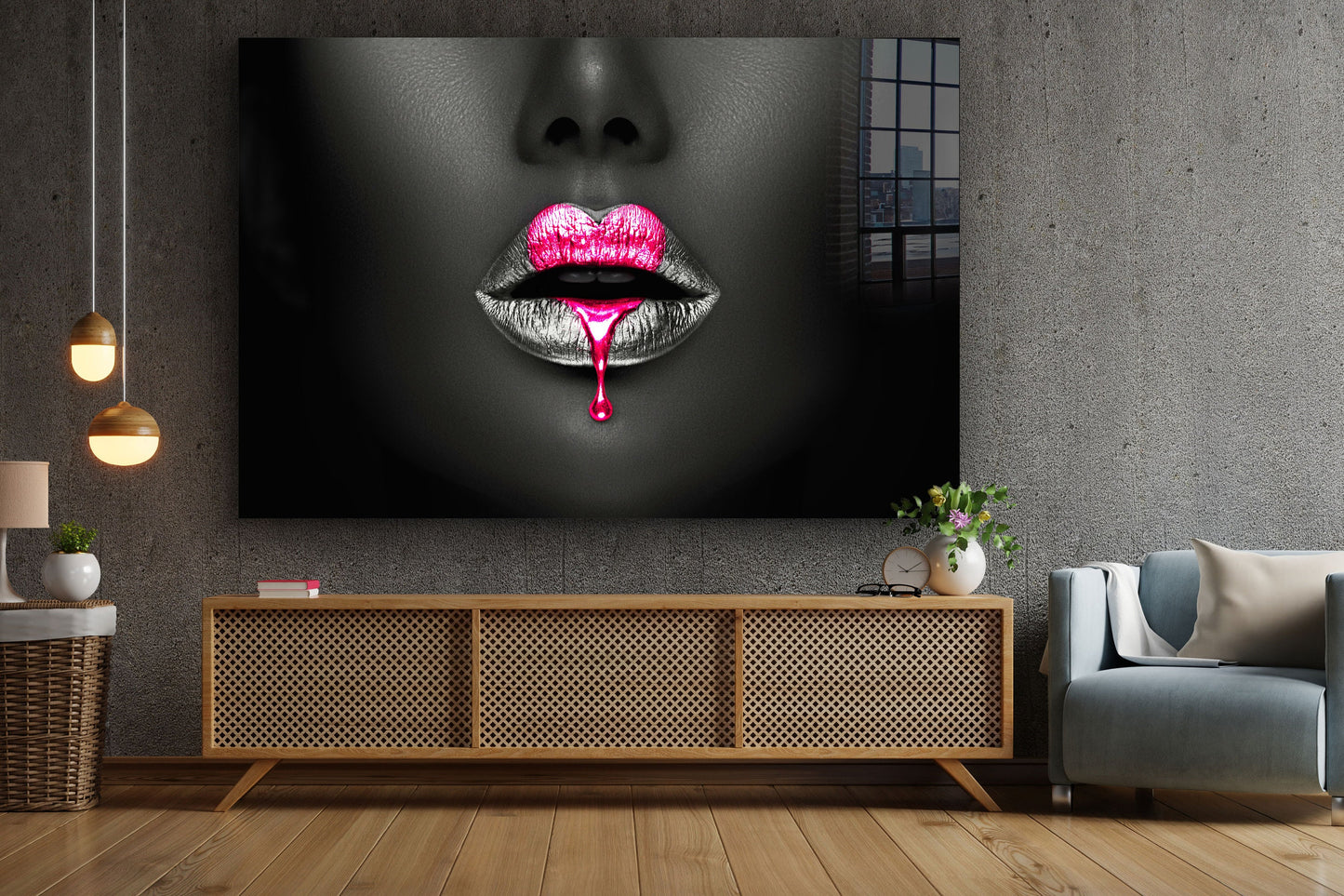 Pink Lips, Heart Figure, Large Glass Wall Art