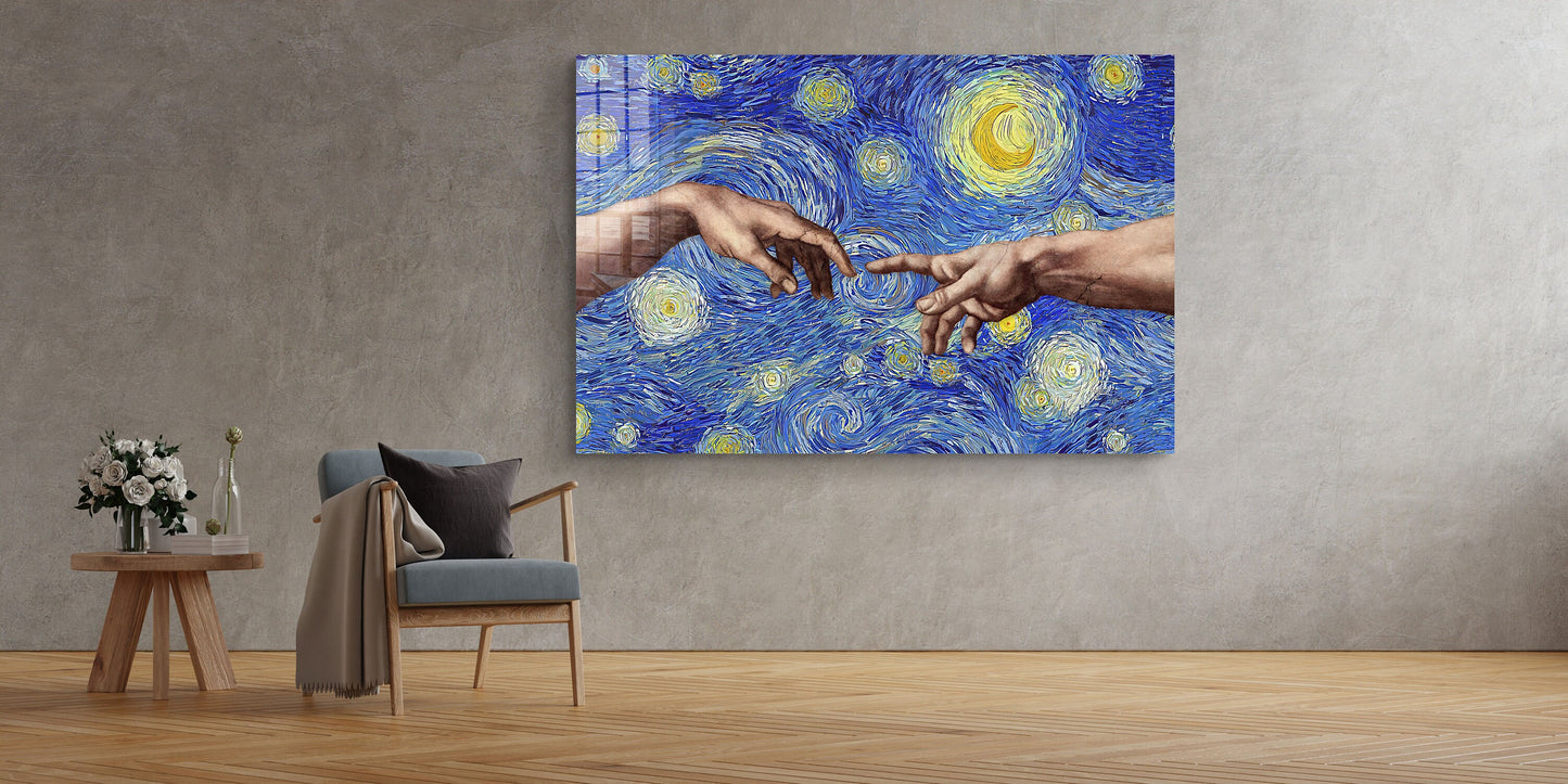 Creation of Adam / Starry Night Mixup, Digital Illustration, Large Glass Wall Art