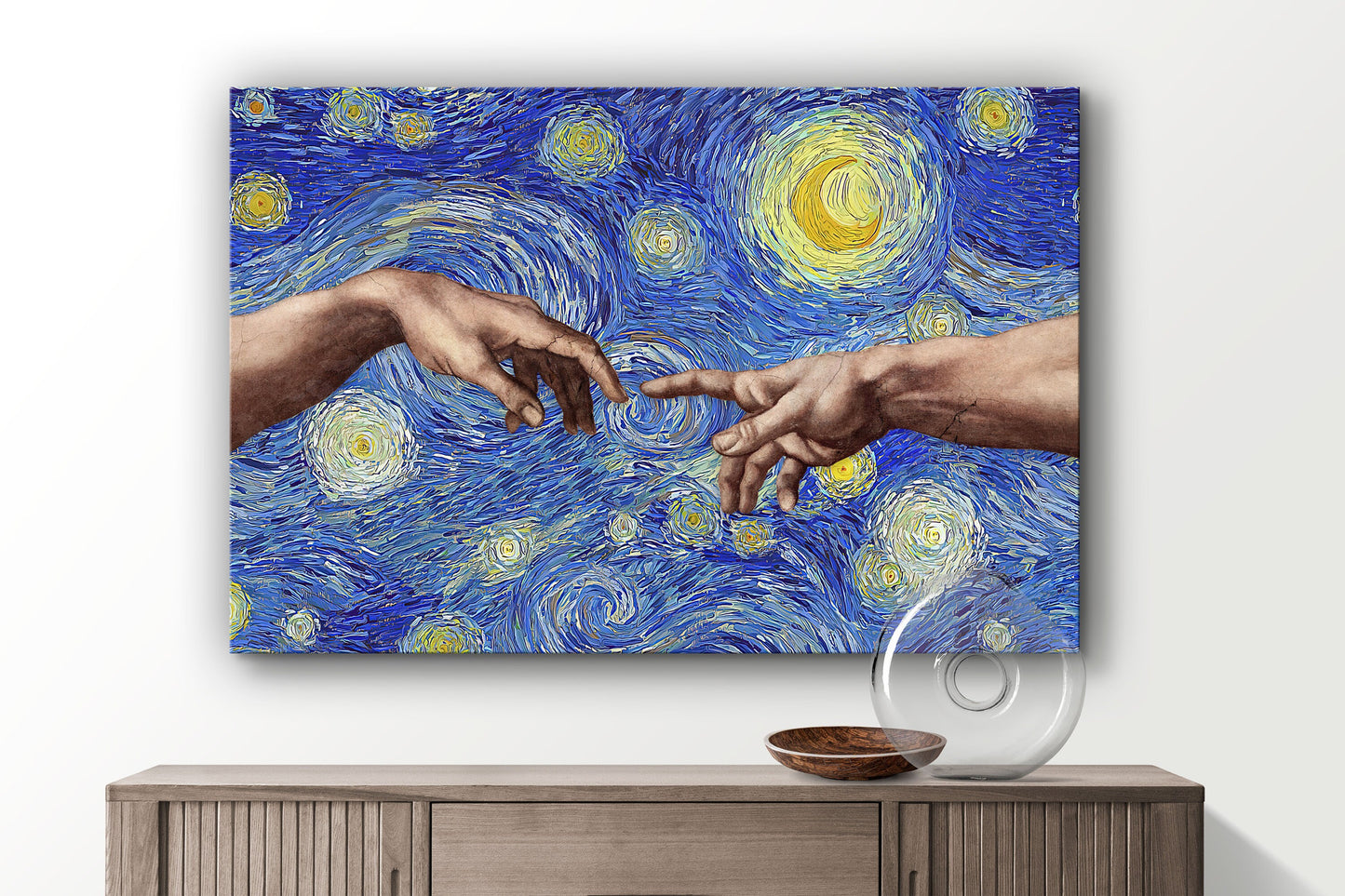 Creation of Adam / Starry Night Mixup, Digital Illustration, Large Glass Wall Art