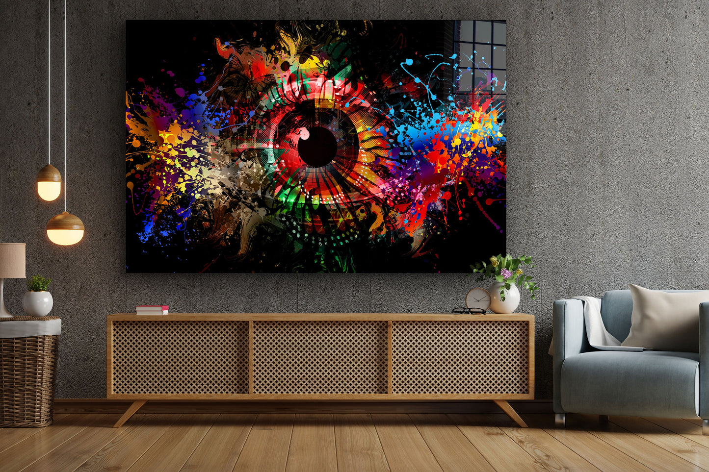Cyberpunk Eye, Neon Abstract Art, Large Glass Wall Art
