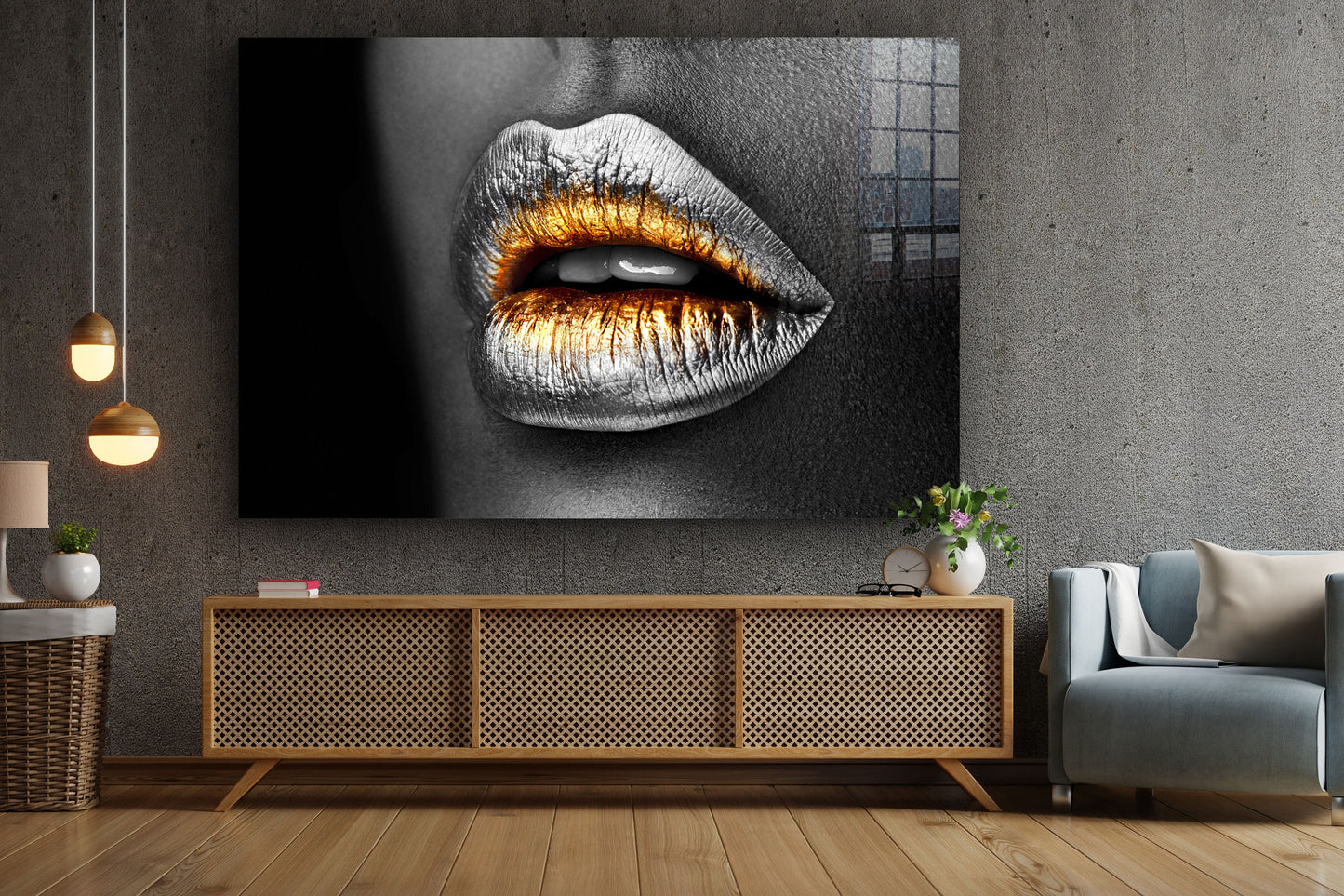 Silver Gold Make Up Woman, Large Glass Wall Art