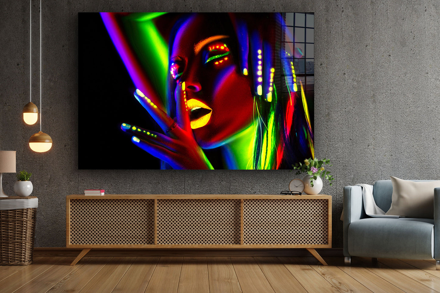 Neon Make-Up Woman, Large Glass Wall Art