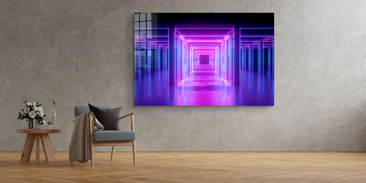 Neon Corridor Abstract, Large Glass Wall Art
