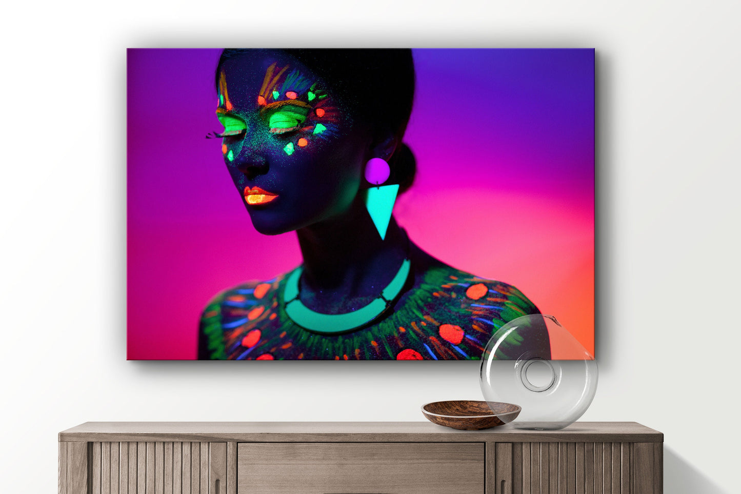 Neon Make-Up Black Woman, Large Glass Wall Art