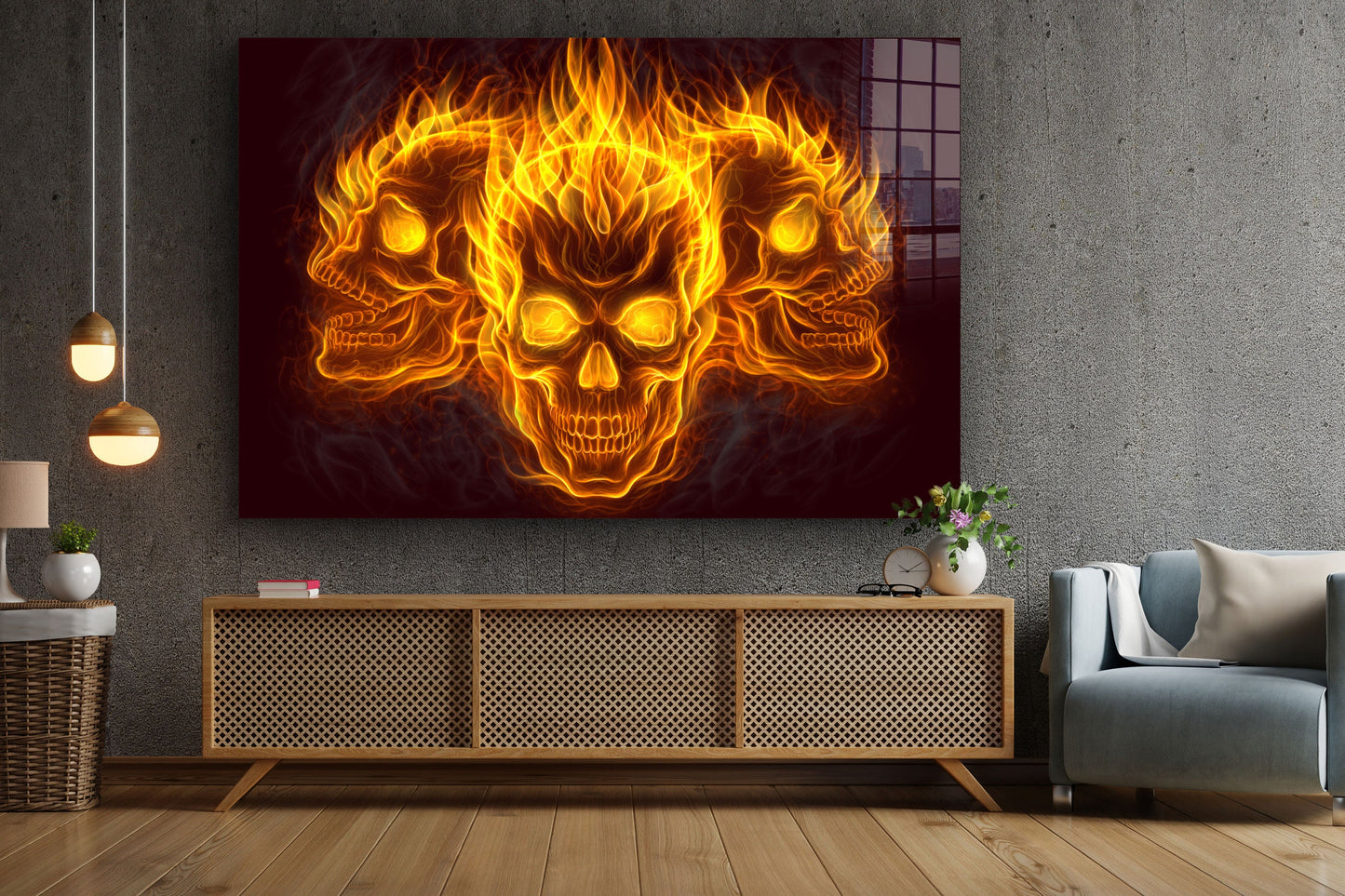 Skulls of Fire, Large Glass Wall Art