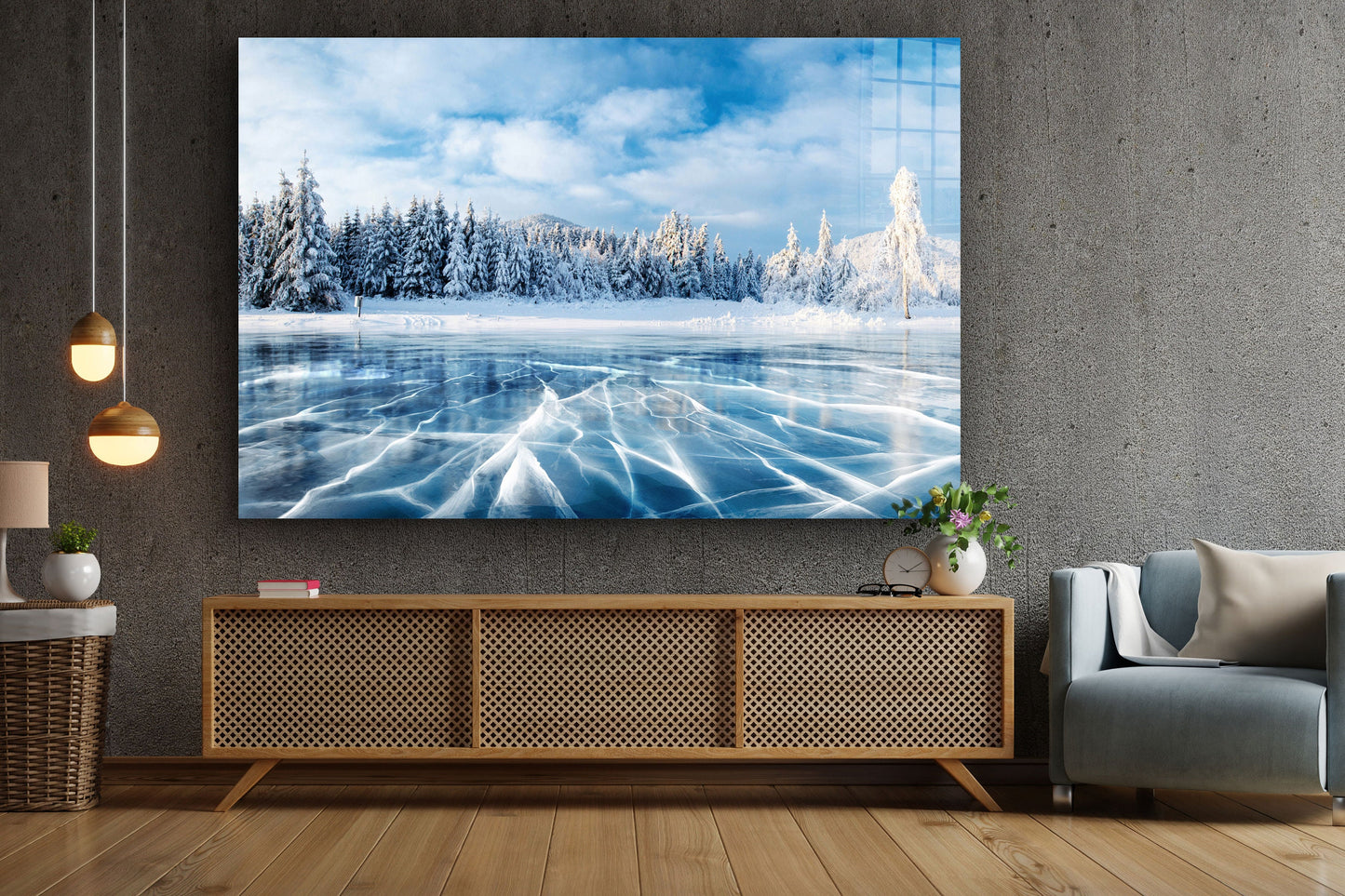Frozen Lake, Winter Scenery, Large Glass Wall Art