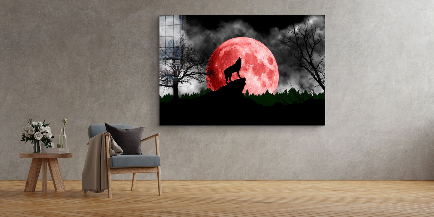 Wolf Howling, Red Moon, Large Glass Wall Art