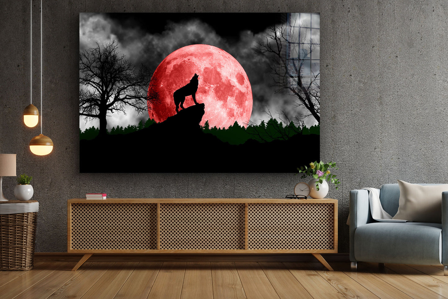 Wolf Howling, Red Moon, Large Glass Wall Art