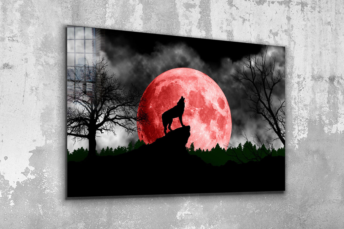 Wolf Howling, Red Moon, Large Glass Wall Art